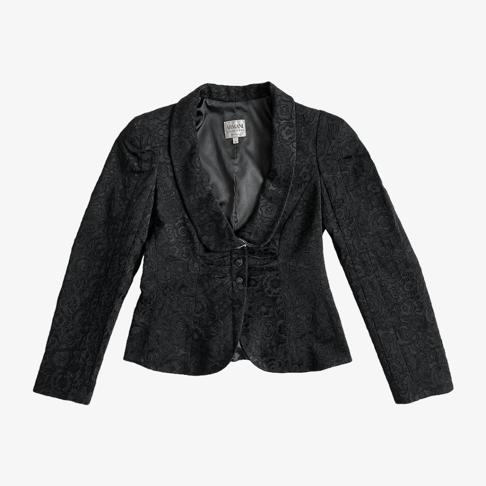 Black Floral Pattern Low Neck Crop Blazer Jacket by Armani Collezioni